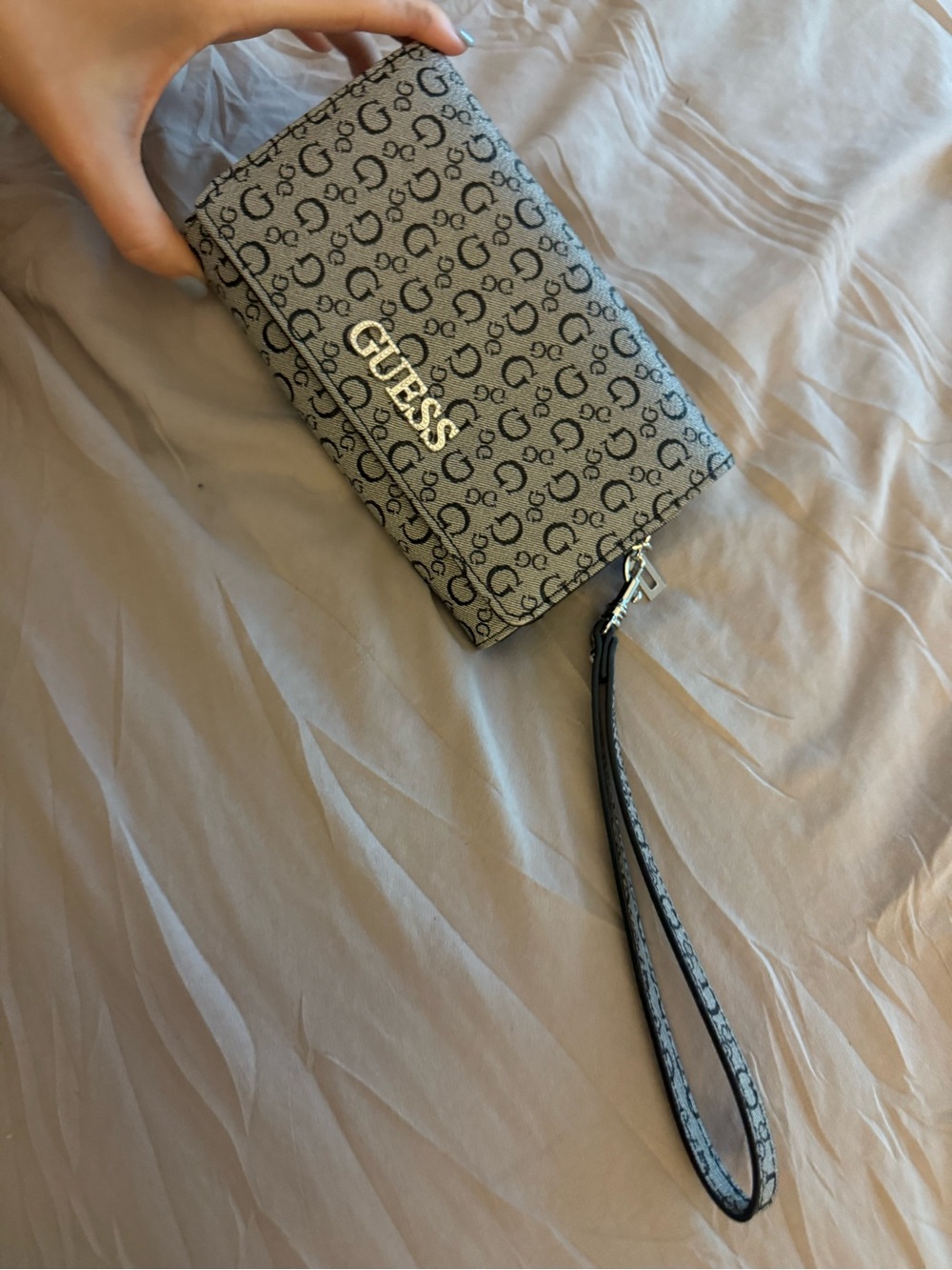 GUESS Gray Logo Print Wristlet with Detachable Strap